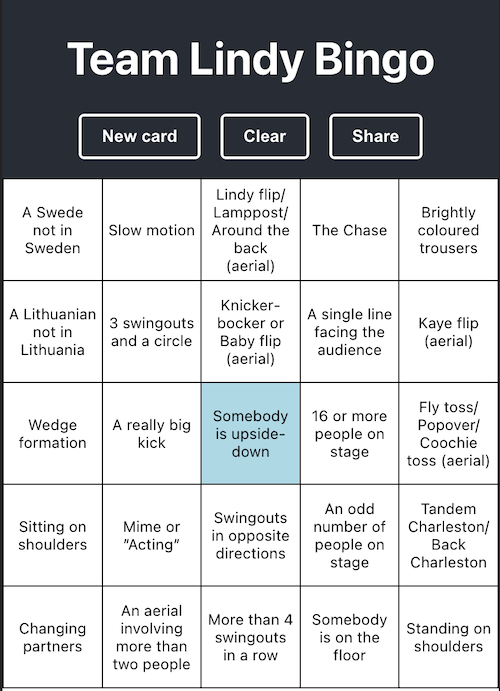 "A Team Lindy Bingo card"